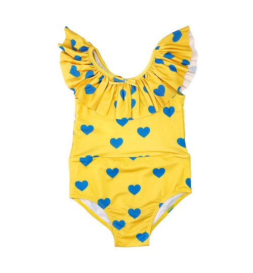 [HUGO LOVES TIKI]Ruffle Collar Swimsuit - Yellow Blue Hearts