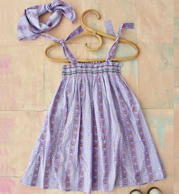 [BONJOUR]Skirt Dress With Scarf - Purple Hand Block Flower Stripe