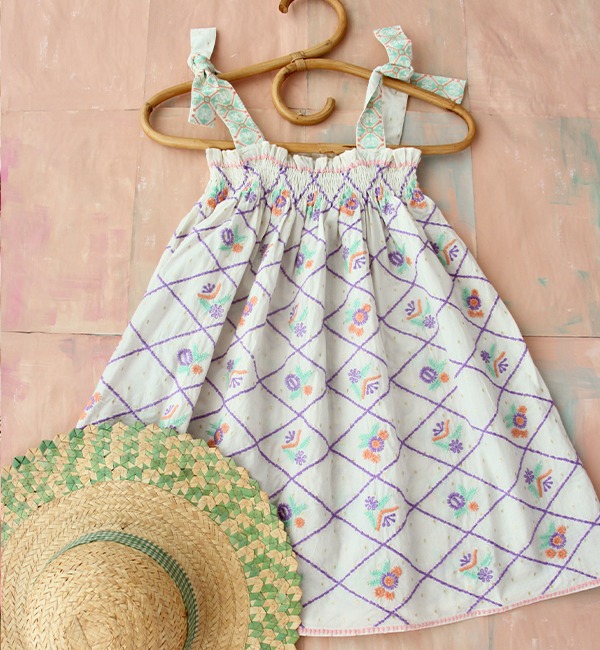 [BONJOUR]Skirt Dress With Embroidery - Ecru Gold Dot